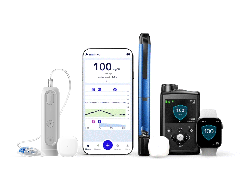 MiniMed product lineup with smartphone app, smart pen, insulin pump, and smartwatch